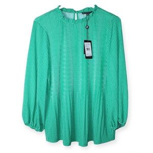 NWT New $89 Adrianna Papell Ruffled Neck Pleated Knit Green Polka Dot Top Size L